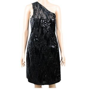 NICOLE MILLER One-Shoulder Sheath Dress In Black With Sequin And Velvet Design